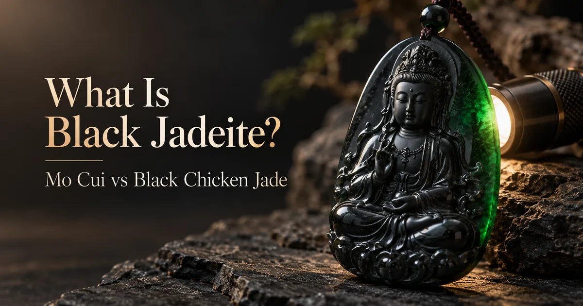 A carved black jadeite Guanyin pendant on dark stone, with a small flashlight beside it making the thin edge glow deep green