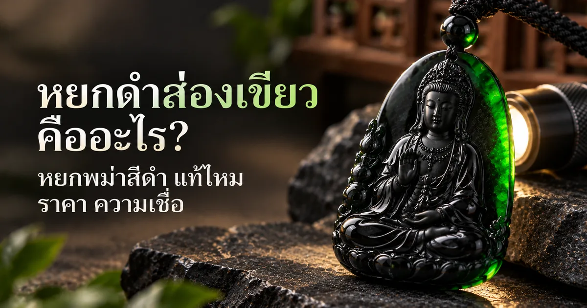 จี้หยกดำส่องเขียวแกะเป็นเจ้าแม่กวนอิมบนหินสีเข้ม มีไฟฉายเล็กส่องจากด้านข้างทำให้ขอบบางเรืองสีเขียวเข้ม