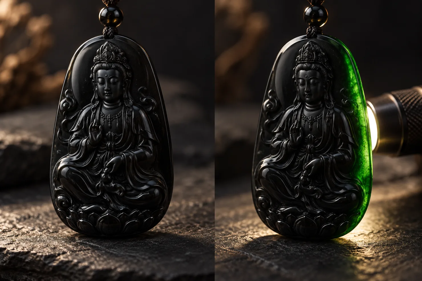 The same black jadeite pendant shown twice on dark stone: on the left it looks solid black in normal light; on the right a small flashlight behind its thin edge makes the edge glow deep green
