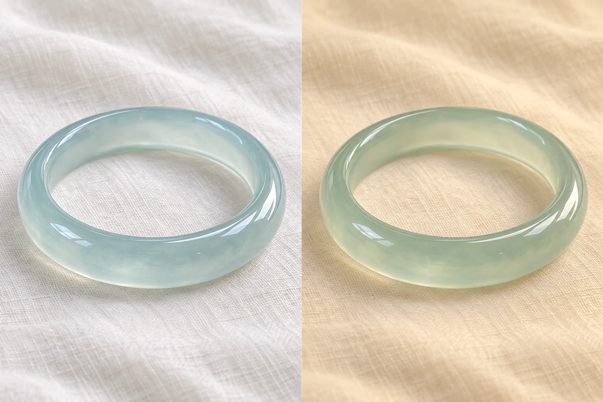 The same transparent pale blue-green jadeite bangle photographed twice side by side, left in neutral window daylight where it looks pale blue-green, right under a warm yellow lamp where it looks greener and warmer