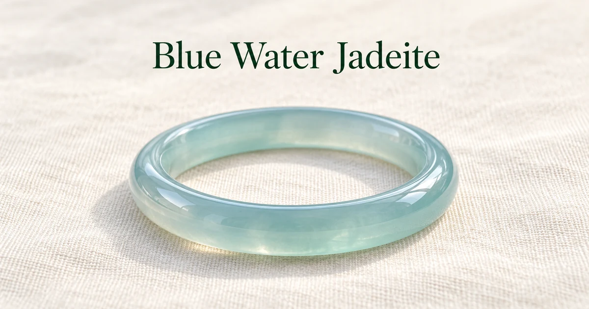An icy, transparent jadeite bangle with a pale cool blue-green tone lying on ivory linen in soft daylight
