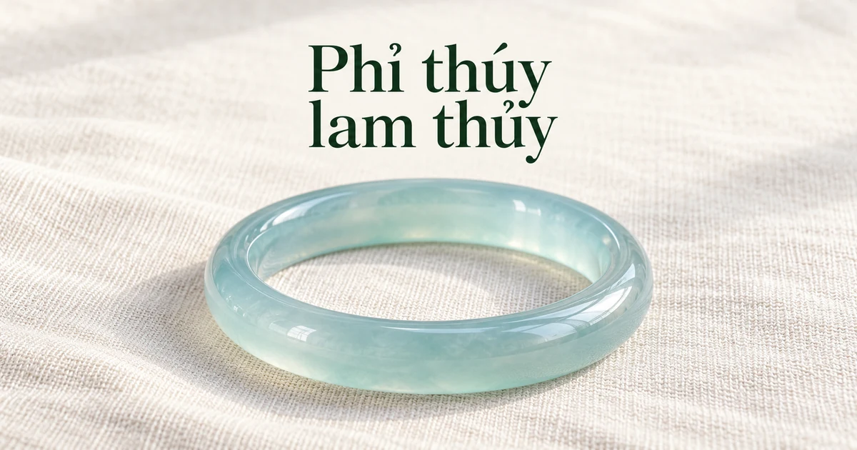 Một chiếc vòng phỉ thúy chất băng, trong, sắc lam ngả lục nhạt và lạnh, đặt trên vải lanh màu ngà dưới ánh sáng ban ngày dịu
