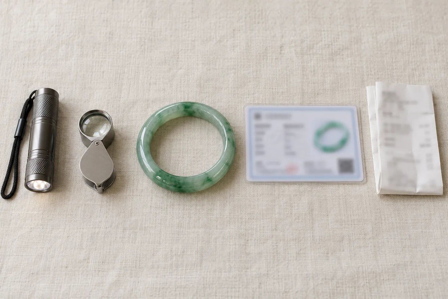 A buyer's kit laid out on ivory linen: a small flashlight, a jeweler's loupe, a green jadeite bangle, a lab certificate card and a folded shop receipt