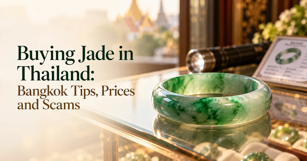 A green jadeite bangle on a jeweler's counter in soft daylight, with a small flashlight and a certificate card out of focus behind it, and the title Buying Jade in Thailand