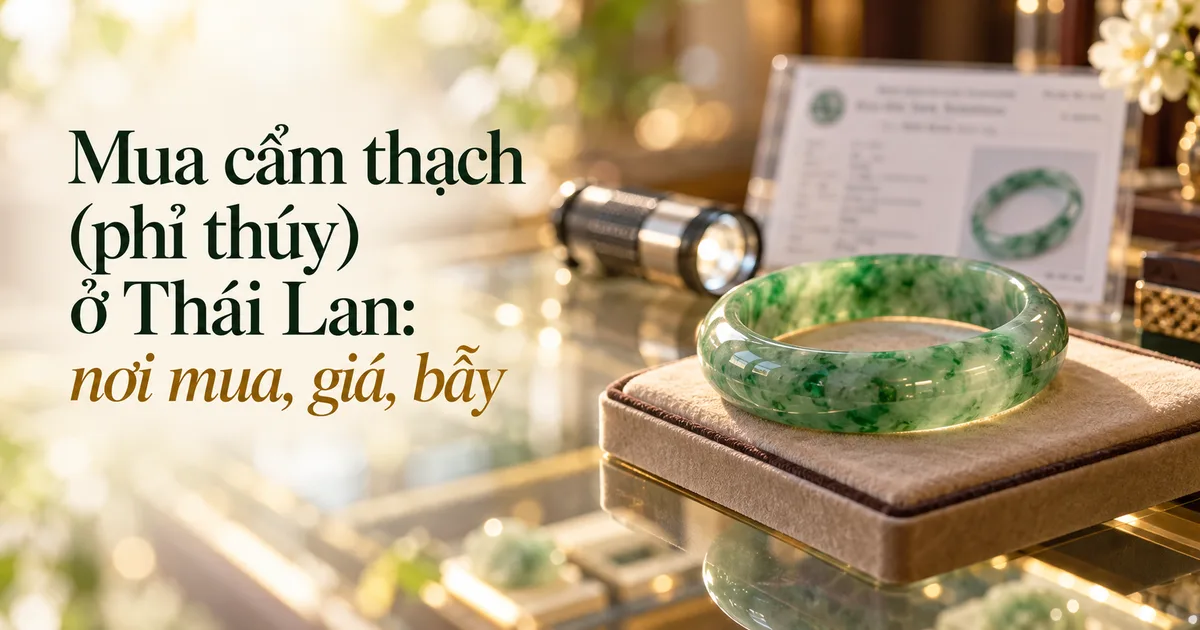 Vòng phỉ thúy xanh trên quầy tiệm trang sức dưới ánh sáng tự nhiên, phía sau là đèn pin nhỏ và thẻ giấy kiểm định mờ, kèm tiêu đề Mua cẩm thạch (phỉ thúy) ở Thái Lan