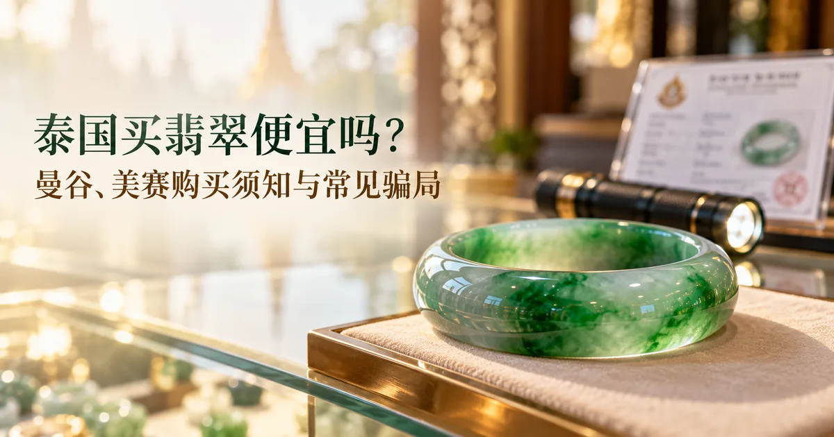 珠宝店柜台上的一只绿色翡翠手镯,自然光下清晰,背景虚化处放着小手电和证书卡,配标题「泰国买翡翠便宜吗?」