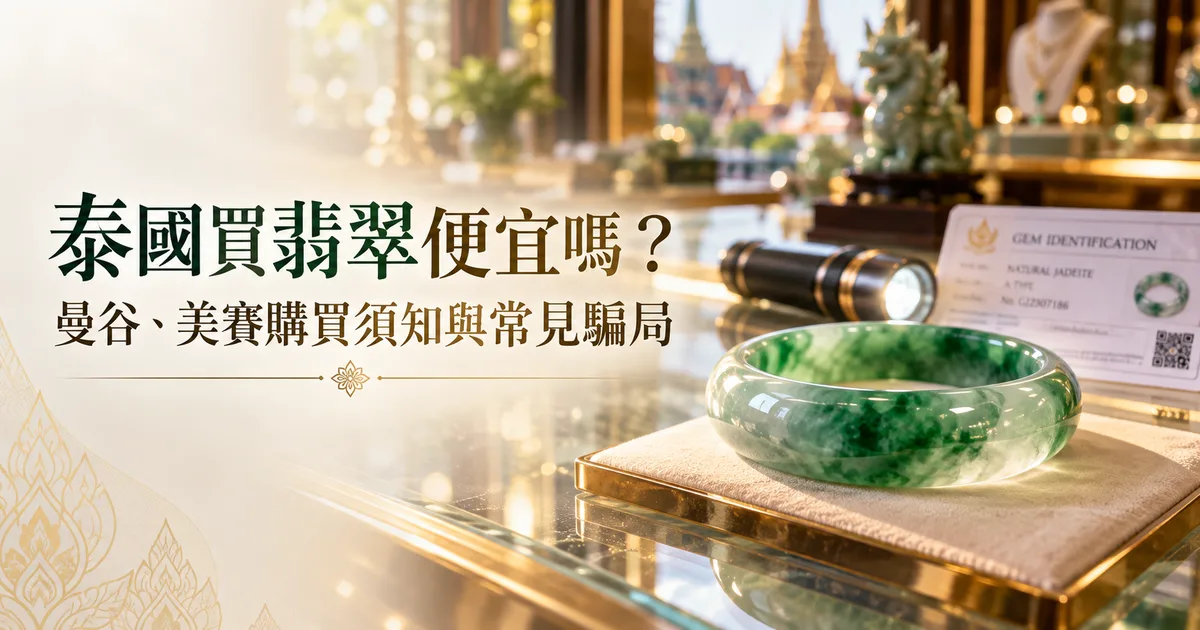珠寶店櫃檯上的一隻綠色翡翠手鐲,自然光下清晰,背景虛化處放著小手電筒和證書卡,配標題「泰國買翡翠便宜嗎?」