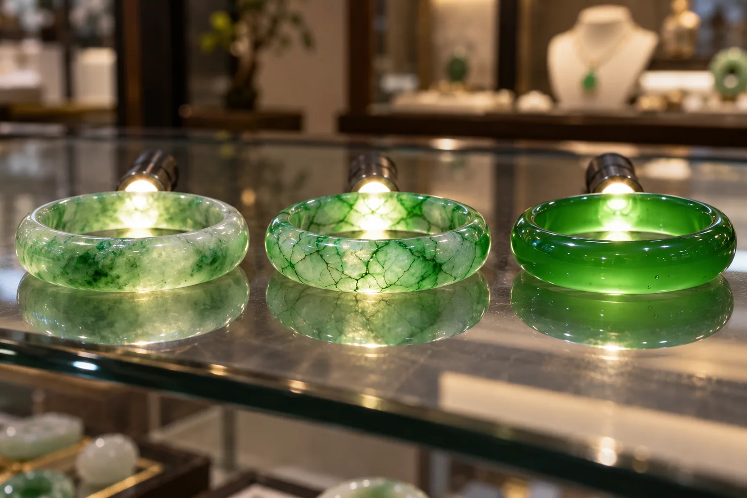 Three green bangles on a glass jewelry counter, each lit from behind by a small flashlight: untreated jadeite with a grainy texture, dyed quartzite with color along fine cracks, and green glass with small round bubbles