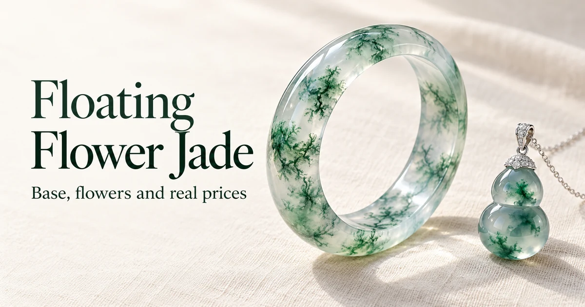 An icy jadeite bangle with green floating flowers and a small floating-flower gourd pendant on ivory linen in soft daylight