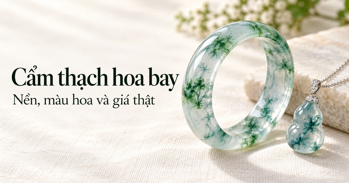Một chiếc vòng cẩm thạch băng chủng hoa bay xanh lục và một mặt hồ lô hoa bay nhỏ trên vải lanh màu ngà dưới ánh sáng ban ngày dịu