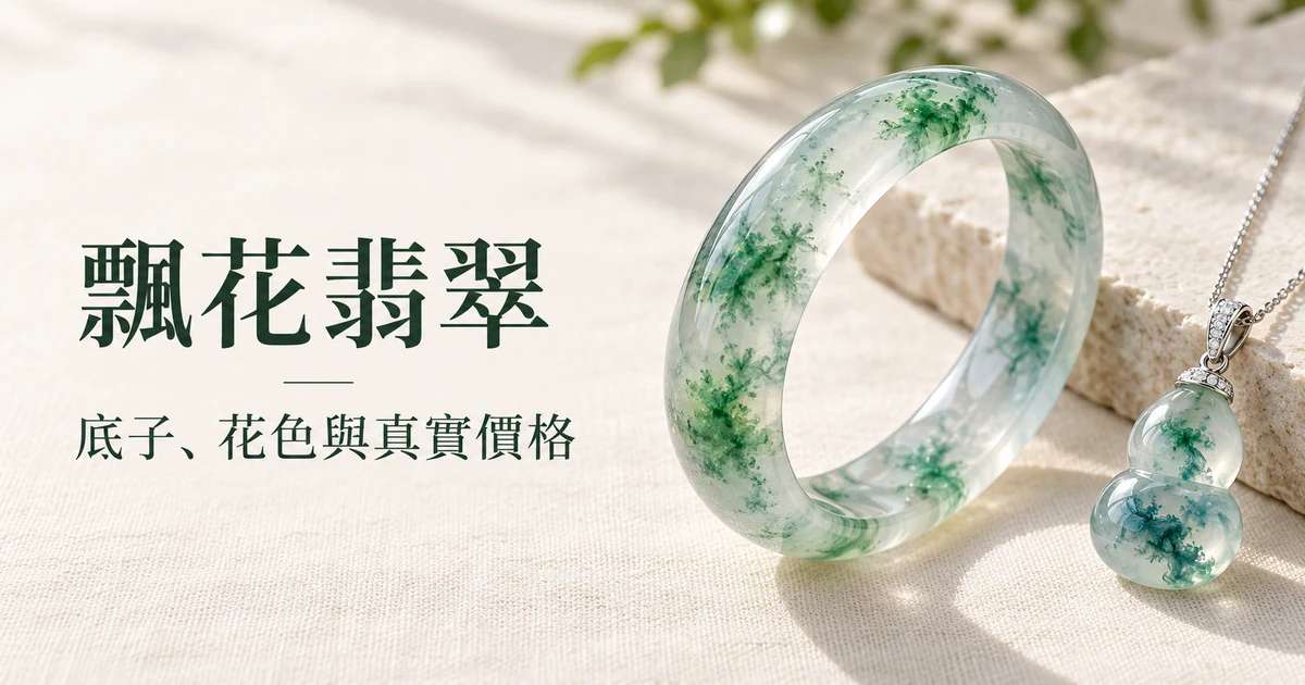 米白亞麻布上柔和日光下,一隻冰種飄綠花翡翠手鐲和一個小巧的飄花葫蘆吊墜