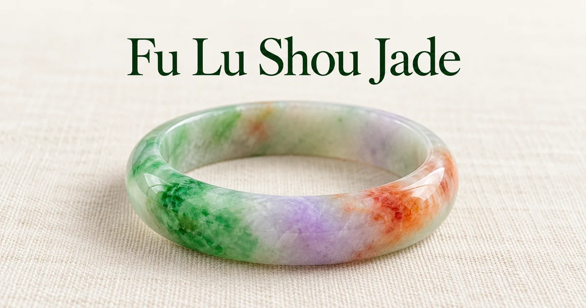A natural jadeite bangle with green, lavender and orange-red patches on ivory linen in soft daylight