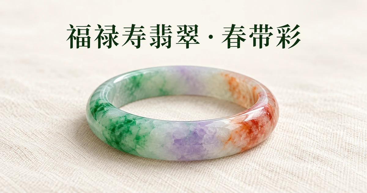 米白色亚麻布上一只带绿、紫、橙红三色的天然翡翠手镯,柔和自然光