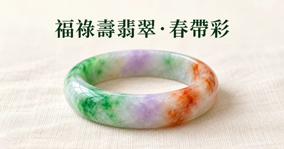 米白色亞麻布上一隻帶綠、紫、橙紅三色的天然翡翠手鐲,柔和自然光