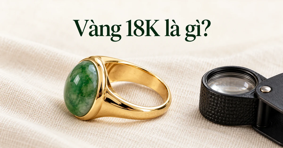 Nhẫn mặt cabochon cẩm thạch xanh bọc vàng vàng nằm nghiêng trên vải lanh màu ngà để lộ mặt trong của đai nhẫn, cạnh một chiếc kính lúp kim hoàn, dưới ánh sáng ban ngày dịu