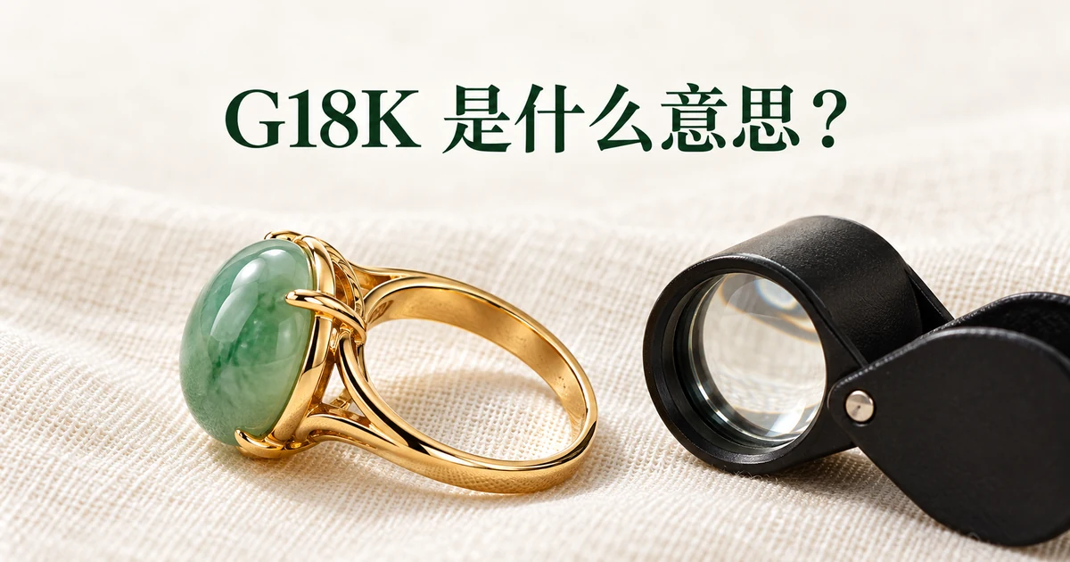 米白亚麻布上一枚黄金镶嵌的绿色翡翠蛋面戒指侧放,露出戒圈内侧,旁边一把珠宝放大镜,柔和自然光