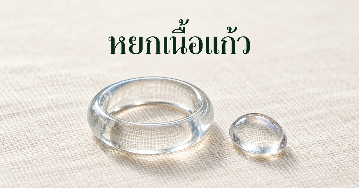 แหวนวงหยกพม่าไร้สีใสเหมือนน้ำกับหัวหลังเบี้ยหยกใสเล็กๆ บนผ้าลินินสีงาช้างในแสงธรรมชาติอ่อนๆ มีวงแสงสีขาวอมฟ้าลอยบนผิวโค้งของแหวน
