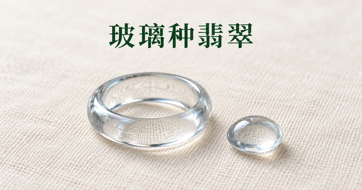 米白色亚麻布上一只清澈如水的无色翡翠指环和一颗透明翡翠小蛋面,柔和的自然光,指环弧面上浮着蓝白色光晕