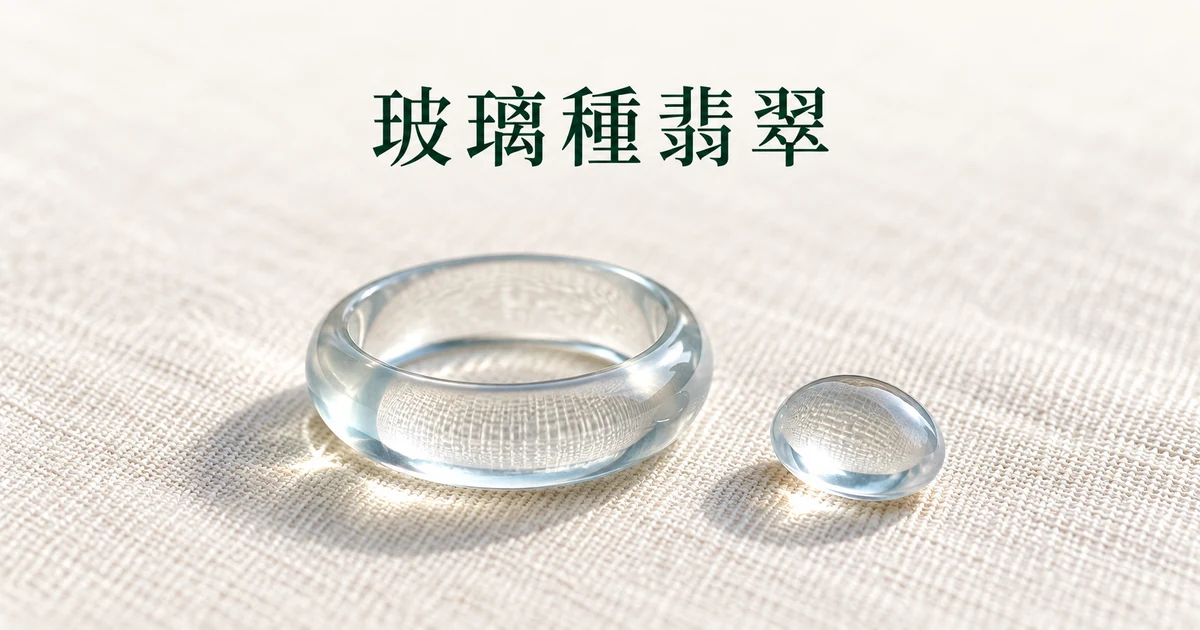 米白色亞麻布上一隻清澈如水的無色翡翠指環和一顆透明翡翠小蛋面,柔和的自然光,指環弧面上浮著藍白色光暈