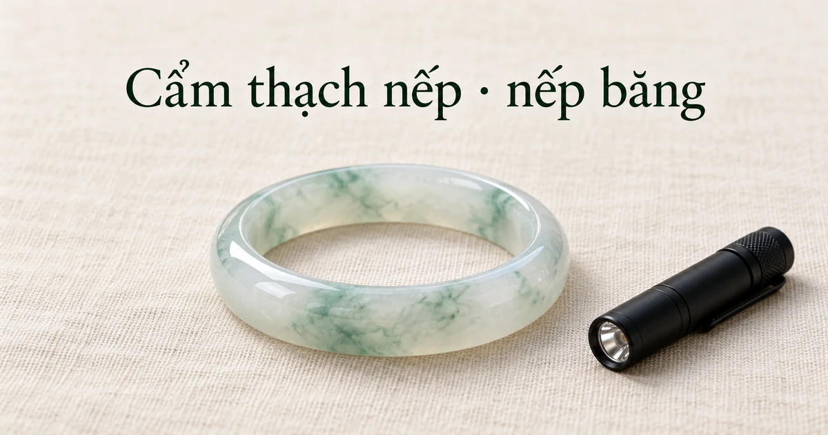 Vòng phỉ thúy (cẩm thạch) nếp băng mềm và trong, có hoa bay xanh lục nhạt, đặt trên vải lanh màu ngà dưới ánh sáng tự nhiên dịu, bên cạnh là một chiếc đèn pin nhỏ