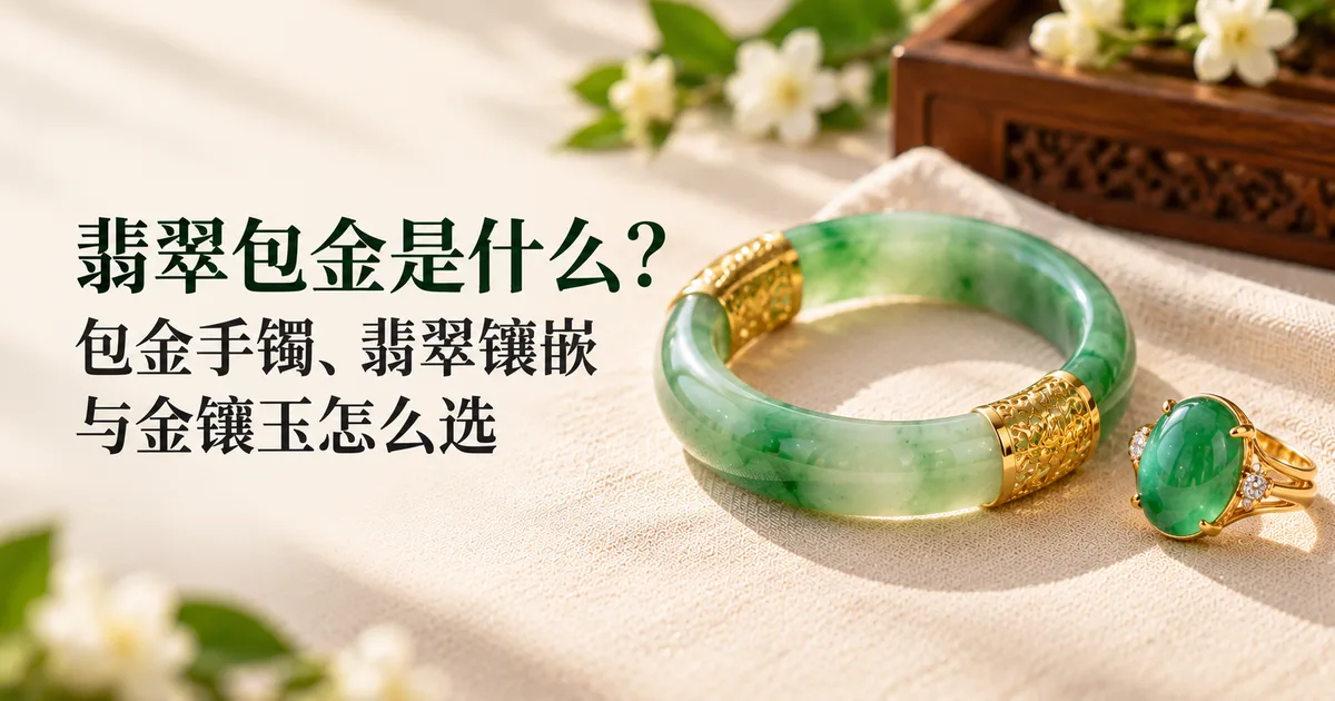 米白色亚麻布上一只绿色翡翠手镯,带两段抛光的 18K 金包金,旁边是一枚金爪镶的翡翠蛋面戒指