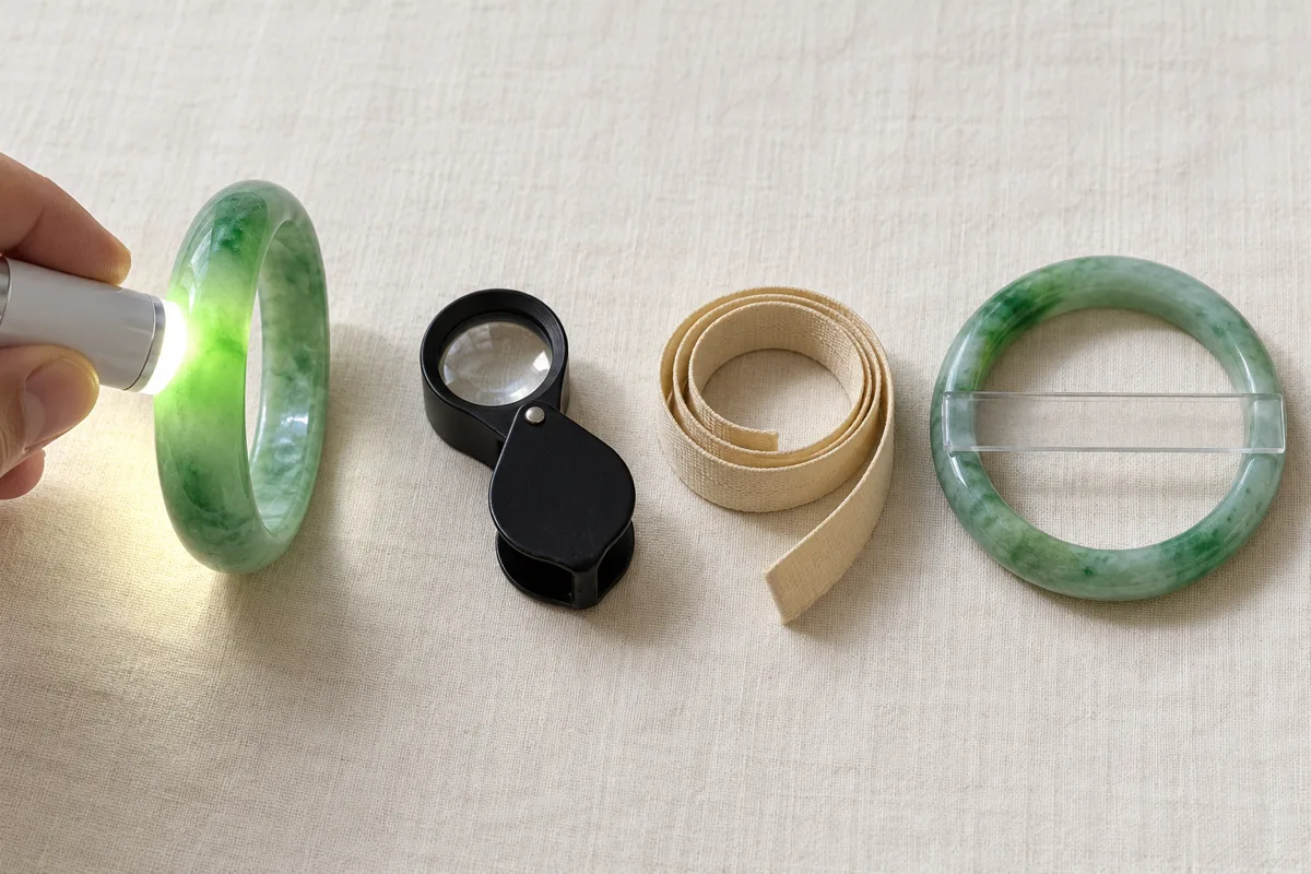 A bangle inspection kit laid out left to right on ivory linen: a small flashlight shining through a green jadeite bangle, a 10x jeweler's loupe, a soft tape measure and a well-fitting bangle with a ruler laid across its inner opening