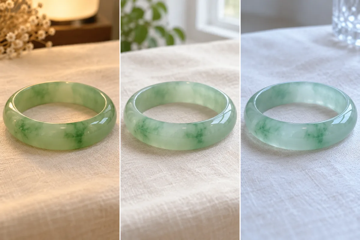 The same light green jadeite bangle photographed three times side by side on ivory linen: under warm yellow light it looks greener, under daylight its true pale green shows, under cool white light it looks bluer and clearer