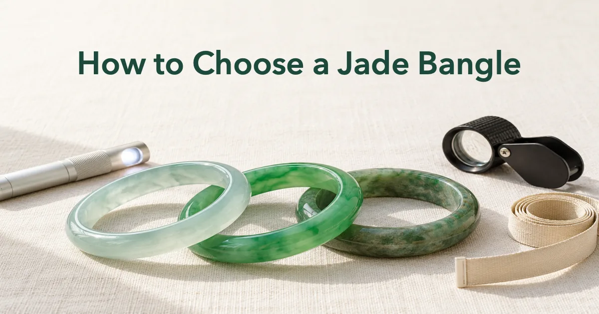 Three green jadeite bangles on ivory linen beside a small flashlight, a jeweler's loupe and a soft tape measure