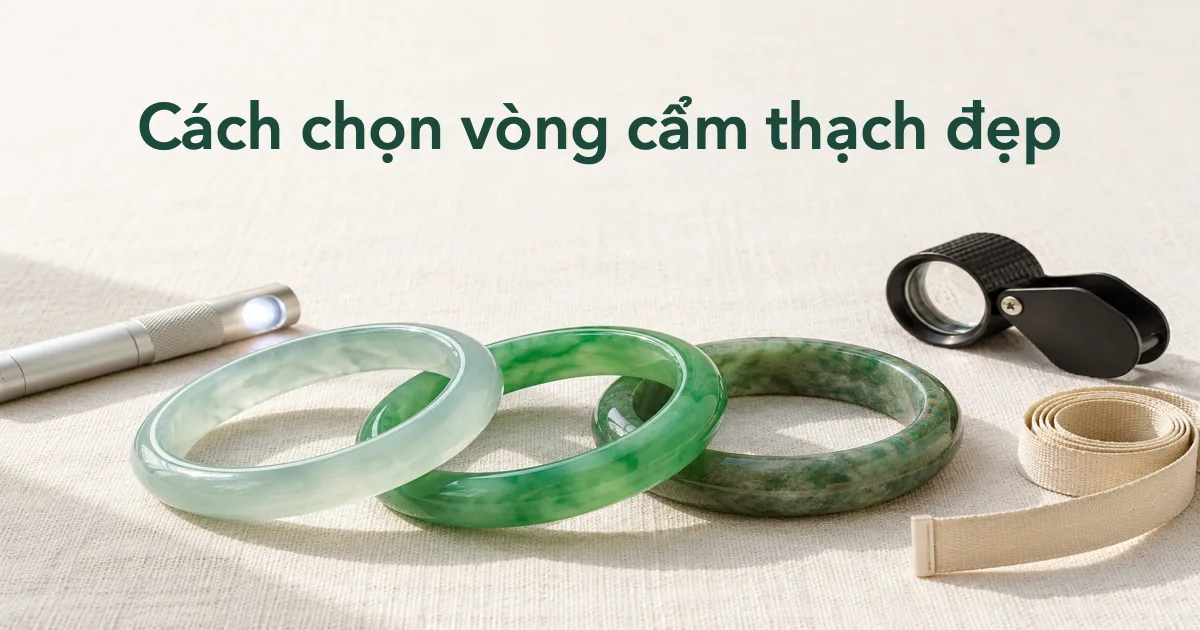 Ba chiếc vòng phỉ thúy (cẩm thạch) xanh trên vải lanh màu ngà, bên cạnh đèn pin nhỏ, kính lúp và thước dây