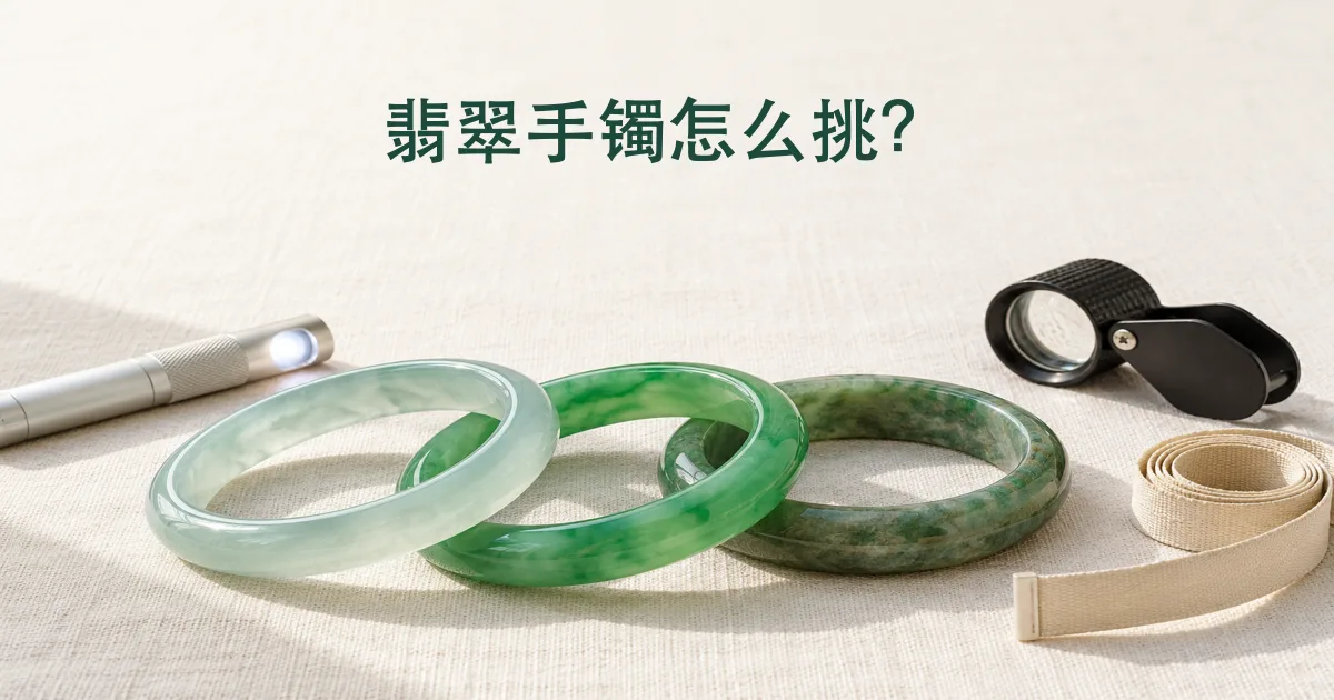 米白色亚麻布上三只绿色翡翠手镯,旁边放着小手电、放大镜和软尺
