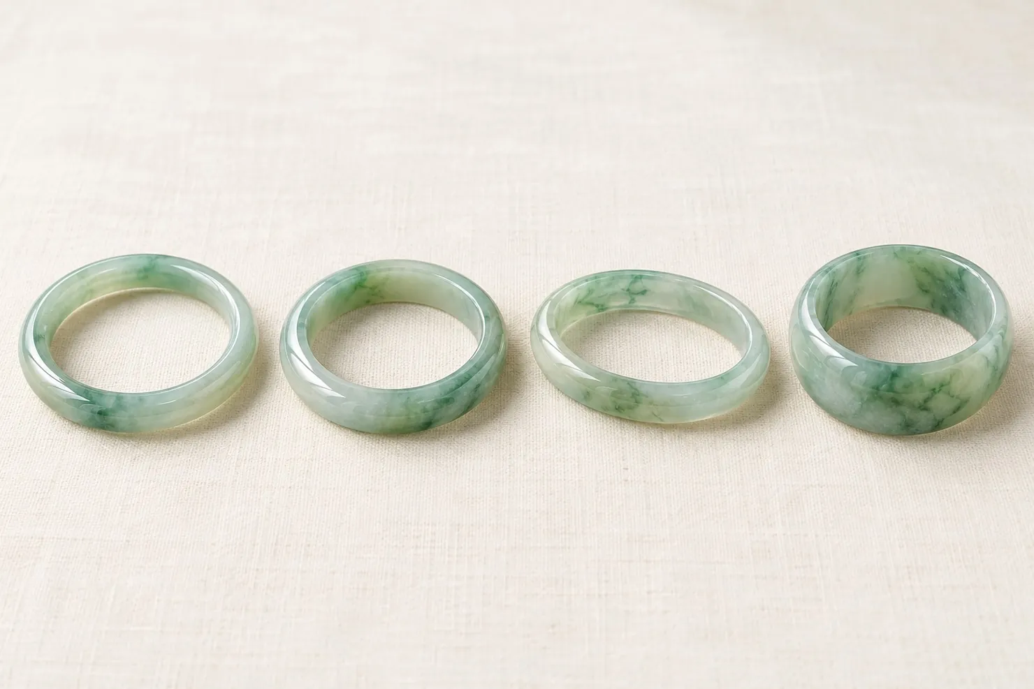 Four jadeite bangles with different band profiles: round, flat-inside, oval and wide