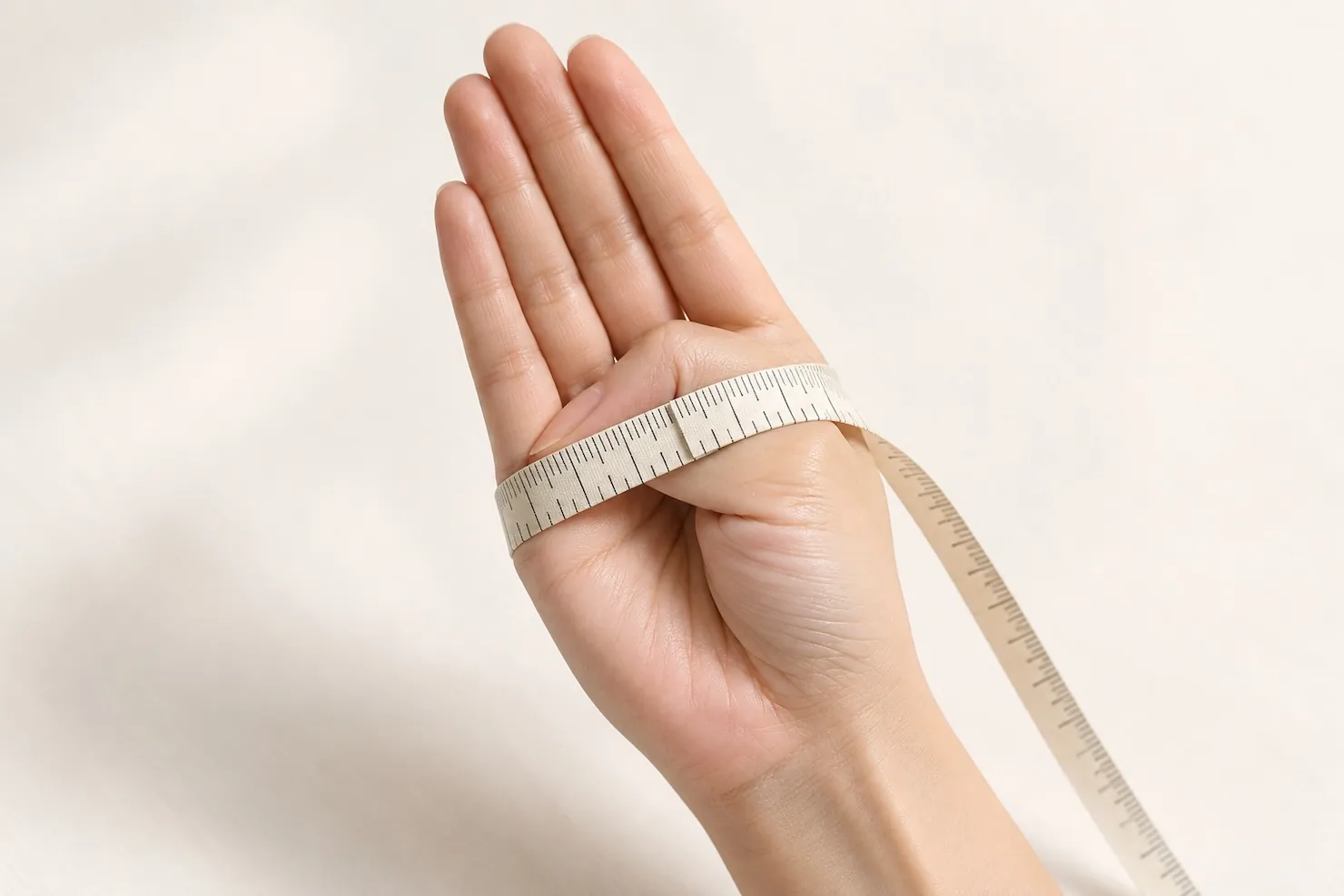 Measuring hand circumference for a jadeite bangle: thumb folded across the palm, tape wrapped around the widest part of the hand