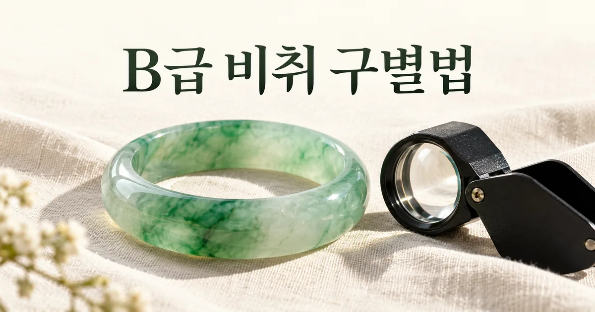아이보리색 리넨 위에 놓인 초록 비취 팔찌와 검은 10배 루페