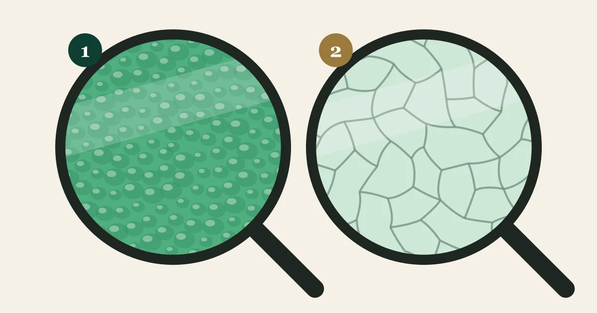Illustration comparing the surface of natural Type A jadeite and acid-treated Type B jadeite under a loupe