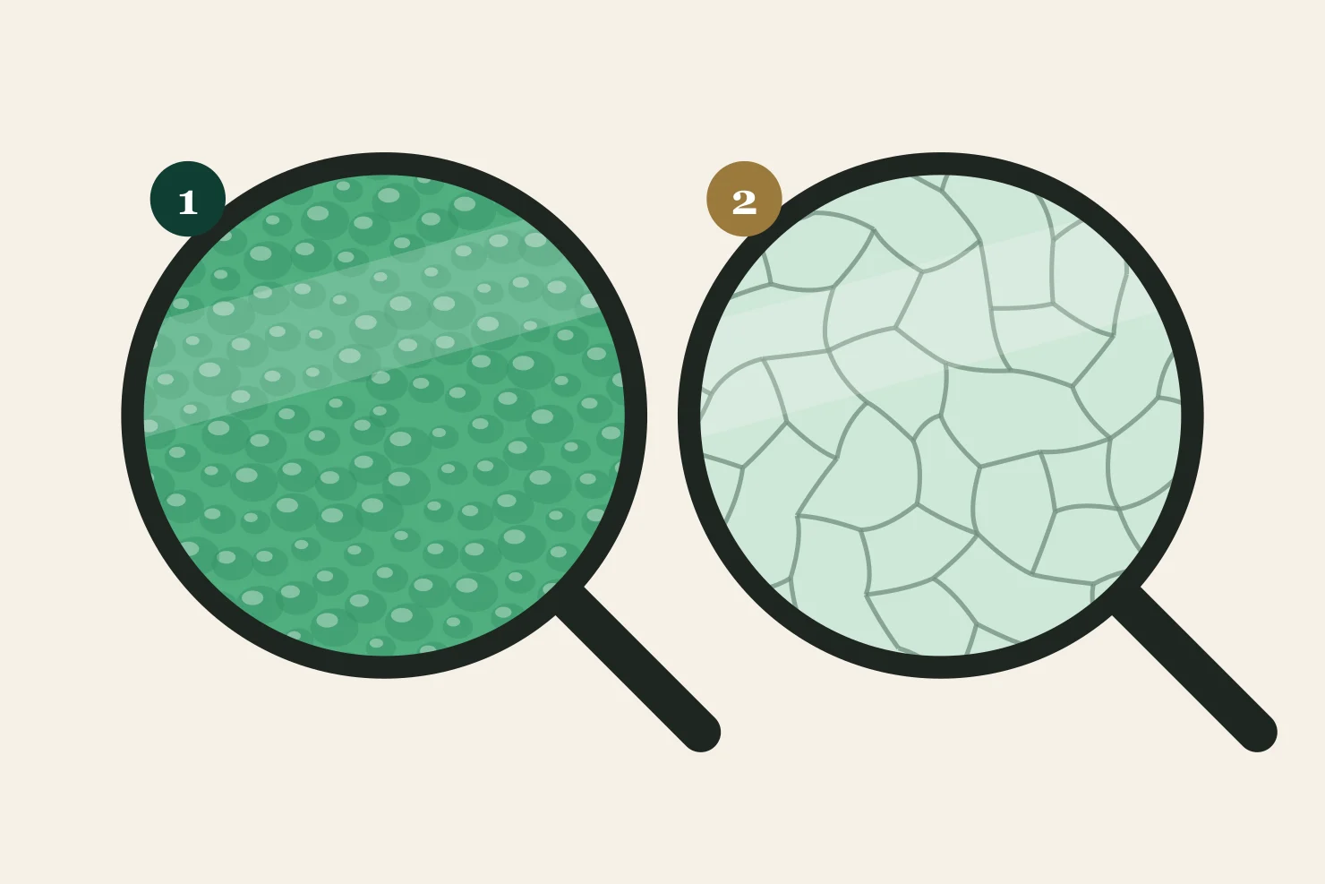 Two magnified jadeite surfaces under a loupe: natural Type A with a fine orange-peel texture, acid-treated Type B with a network of etched channels