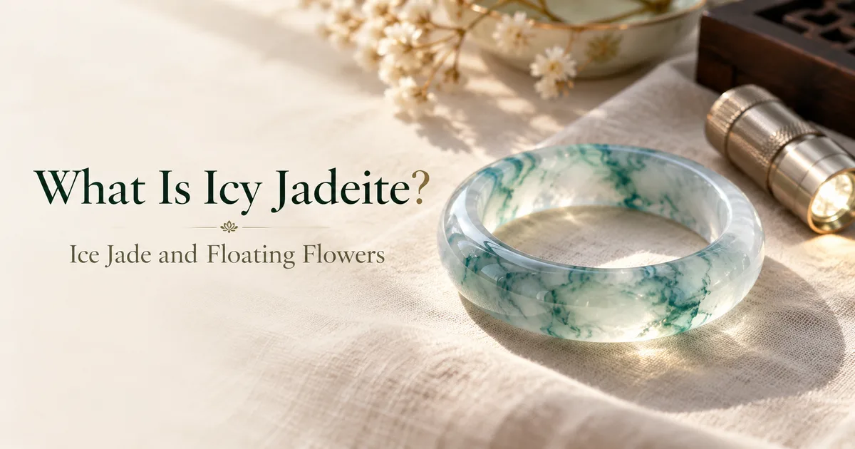 A clear icy jadeite bangle with blue-green floating flowers resting on ivory linen in soft daylight, a small flashlight beside it