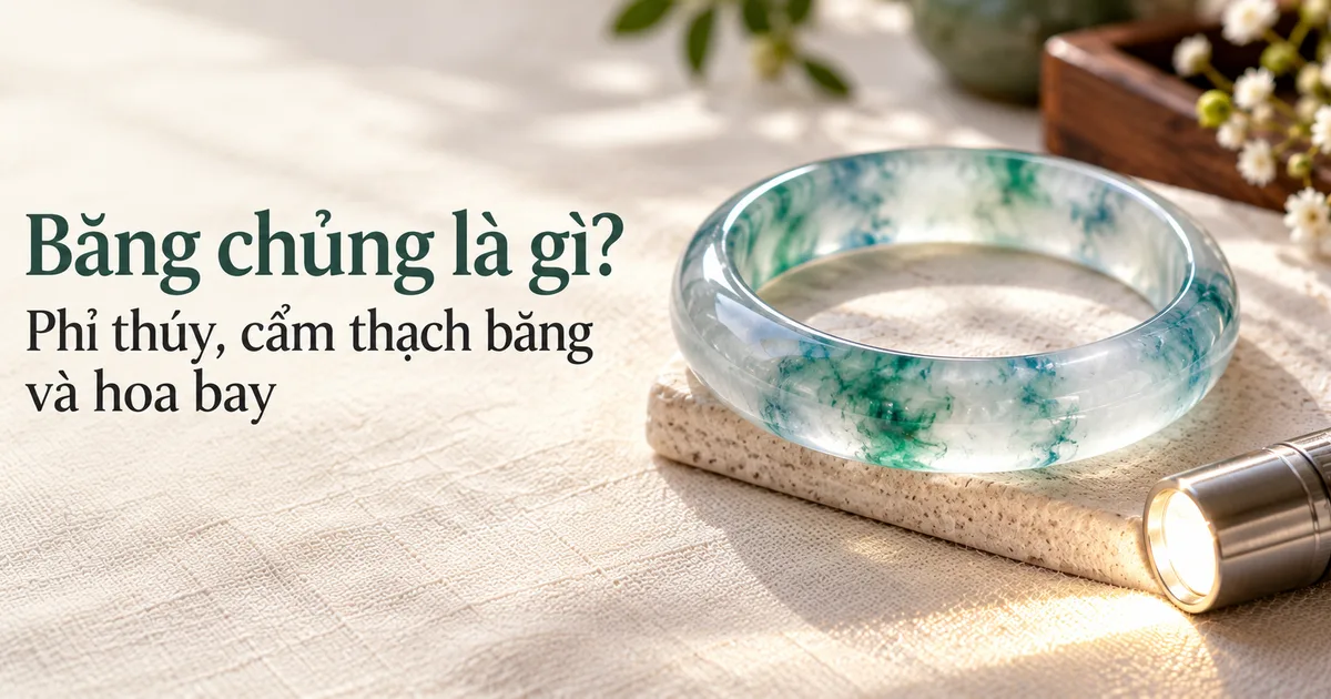 Vòng phỉ thúy (cẩm thạch) băng chủng trong suốt có hoa bay lam lục đặt trên vải lanh màu ngà dưới ánh sáng tự nhiên, bên cạnh là một chiếc đèn pin nhỏ