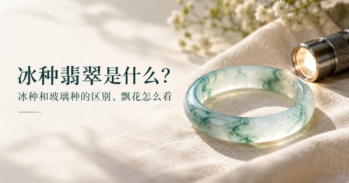 米白色亚麻布上一只清透的冰种飘蓝绿花翡翠手镯,柔和的自然光,旁边放着一支小手电