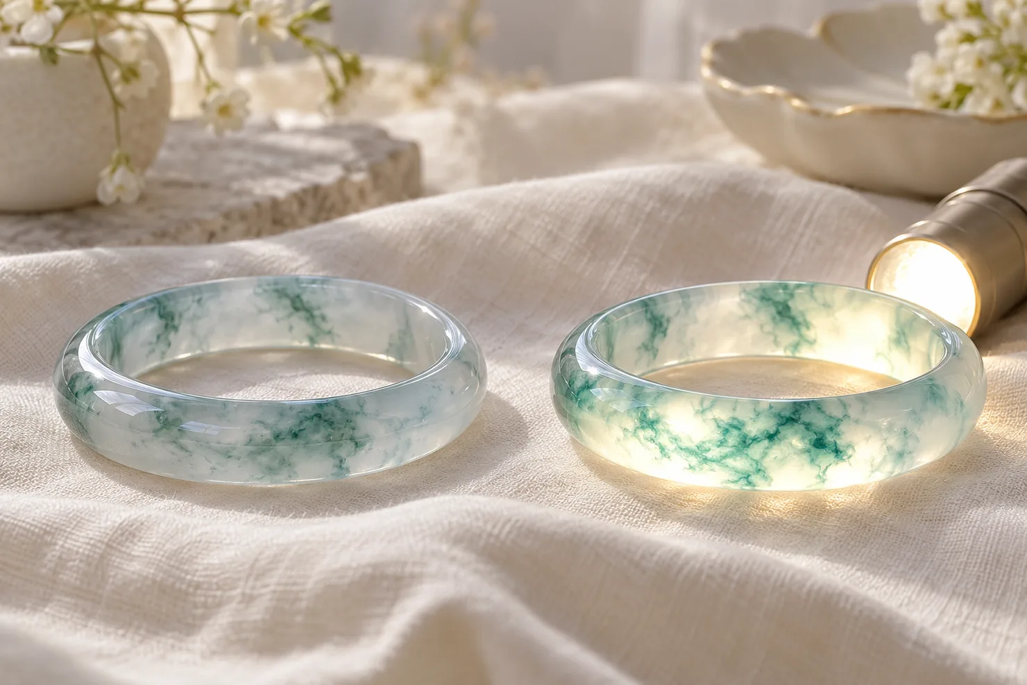 Two icy jadeite bangles with blue-green floating flowers side by side on ivory linen: the left in soft daylight, the right lit by a small flashlight so the wisps glow inside the clear body