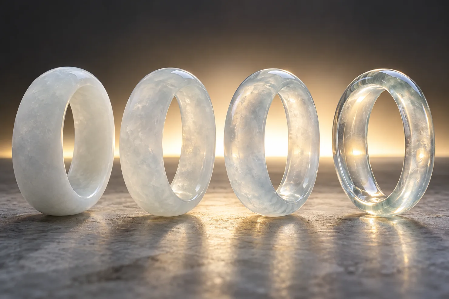 Four colorless jadeite bangles in a row lit from behind, from milky glutinous on the left to water-clear glassy on the right, each letting more light through