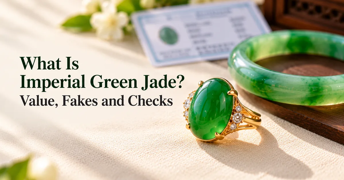 An intense, glassy imperial green jadeite cabochon ring in sharp focus on ivory linen, with a jadeite bangle and a lab certificate softly blurred behind it