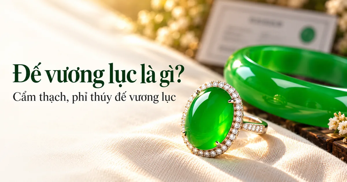 Chiếc nhẫn mặt phỉ thúy đế vương lục xanh đậm, trong như kính, rõ nét trên vải lanh màu ngà, phía sau mờ nhòe là một chiếc vòng cẩm thạch và tờ giấy kiểm định