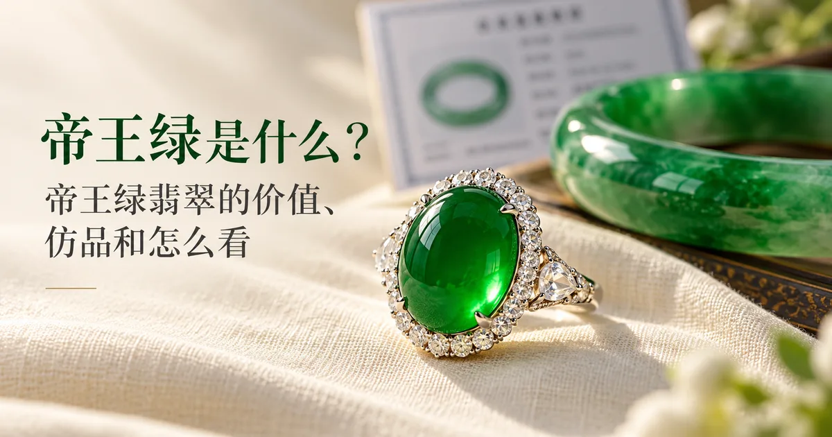 米白色亚麻布上,一枚浓艳通透的帝王绿翡翠蛋面戒指在前景清晰对焦,后面虚化着一只翡翠手镯和一张鉴定证书