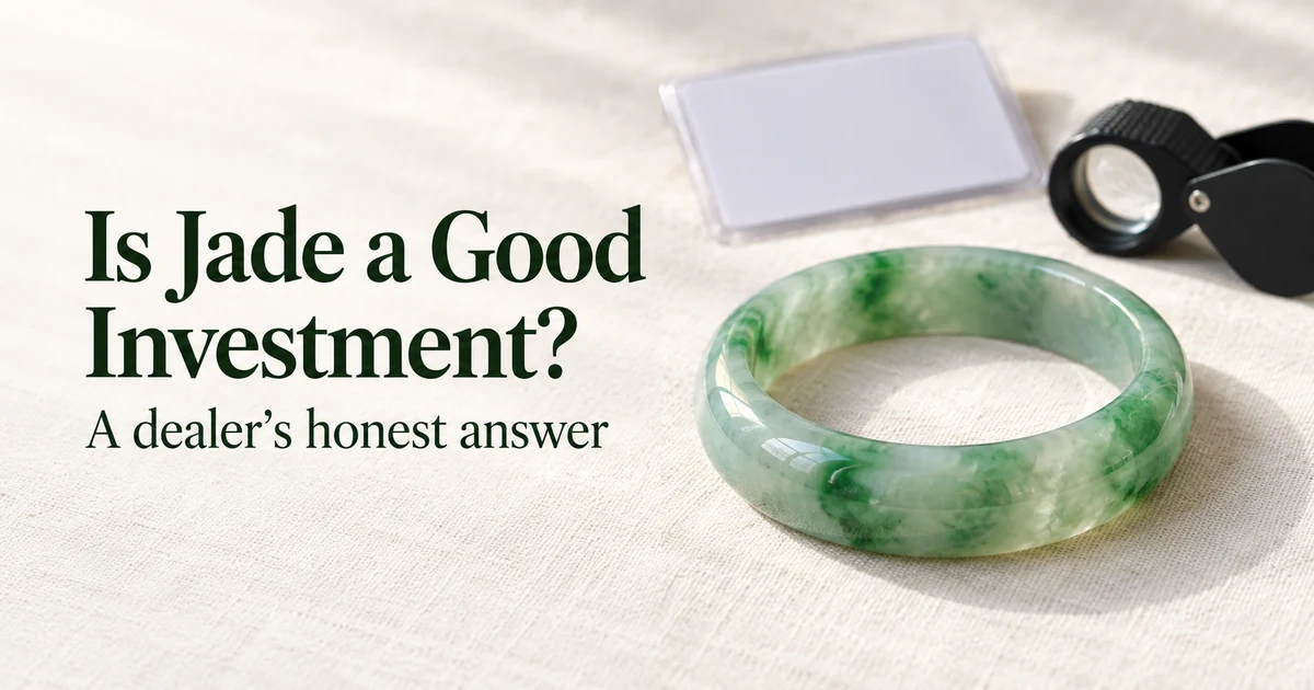 A translucent green jadeite bangle in sharp focus on ivory linen, with a blank lab certificate card and a jeweller's loupe softly out of focus behind it, in soft daylight