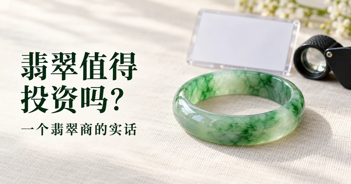 米白色亚麻布上,一只透亮的绿色翡翠手镯清晰在前,后面虚化着一张空白检测证书卡片和一只珠宝放大镜,柔和日光