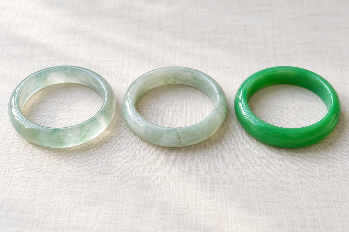 Three jadeite bangles in a row on ivory linen, left to right: a clean, translucent icy bangle with soft green color, a pale bangle with a visible crack running across the band, and a uniformly bright, artificial-looking green bangle