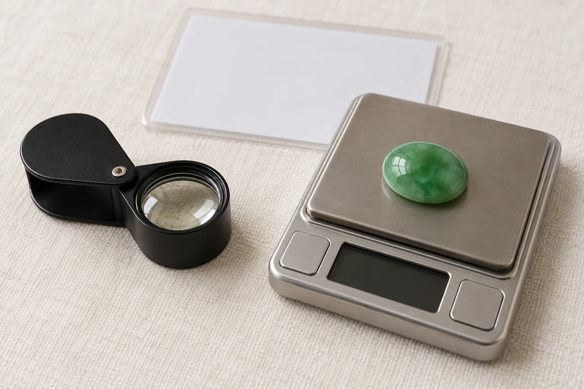 A green jadeite cabochon on a small digital jewelry scale on ivory linen, with a black jeweller's loupe beside it and a blank, out-of-focus certificate card behind