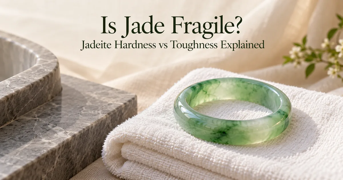 A green jadeite bangle resting on a folded white towel next to the hard edge of a stone countertop, with the title Is Jade Fragile? Jadeite Hardness vs Toughness Explained