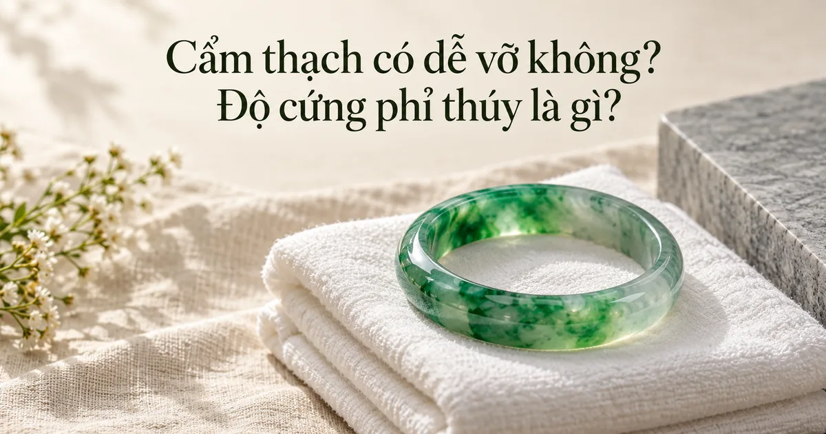 Vòng cẩm thạch xanh đặt trên chiếc khăn trắng gấp gọn cạnh mép cứng của mặt bàn đá, kèm tiêu đề Cẩm thạch có dễ vỡ không? Độ cứng phỉ thúy là gì?