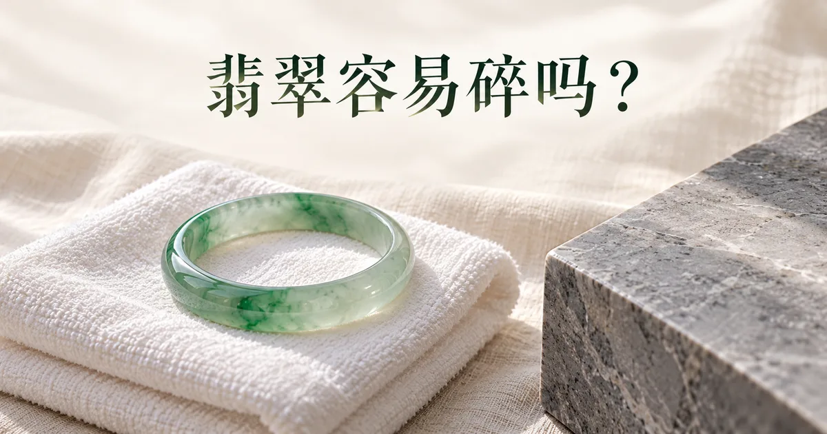 一只绿色翡翠手镯放在叠好的白毛巾上,旁边是石材台面的硬边,配标题「翡翠容易碎吗?」